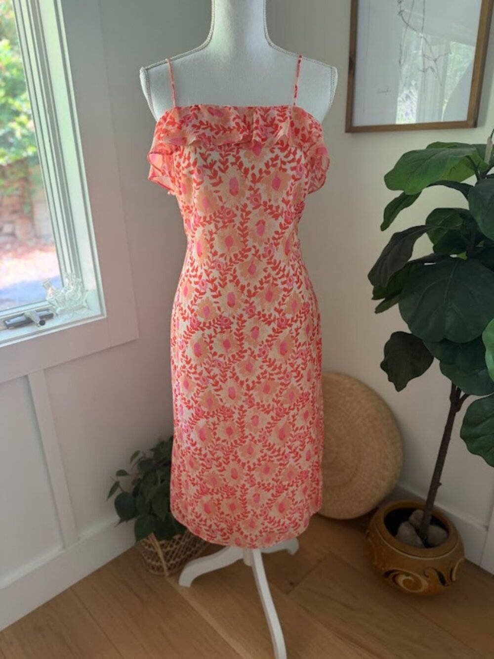 Sage the Label Ruffle Top Chiffon Floral Dress Pink Orange Size S
